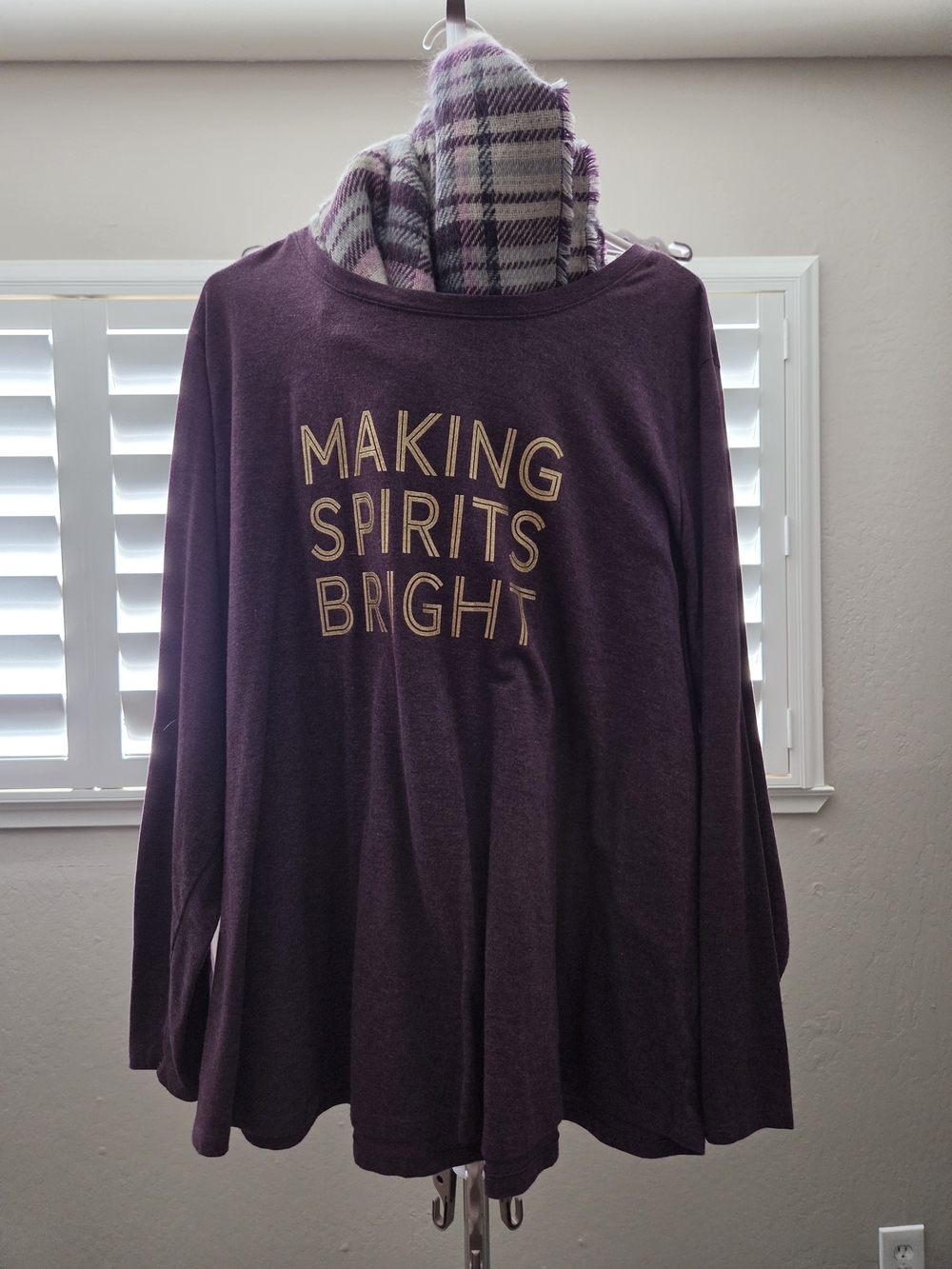 Sonoma Plum Long Sleeve Top w/ Plaid Fringe Wrap